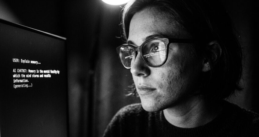 KI-gestützte Content-Erstellung – Chatbot-Interface in Brille reflektiert